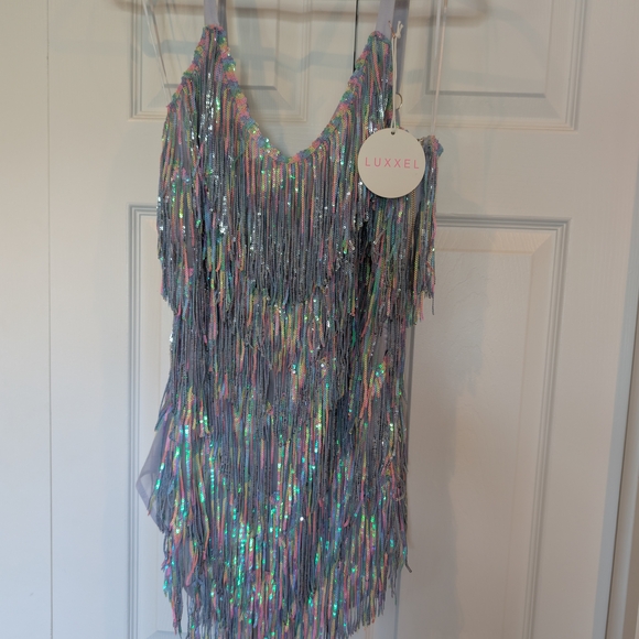 Luxxel Dresses & Skirts - Luxxel Iridescent Fringe Sequin Mini Dress in Lavender